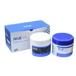 Avuegum putty for dentists by Beetle Dental with blue and white packaging and two jars