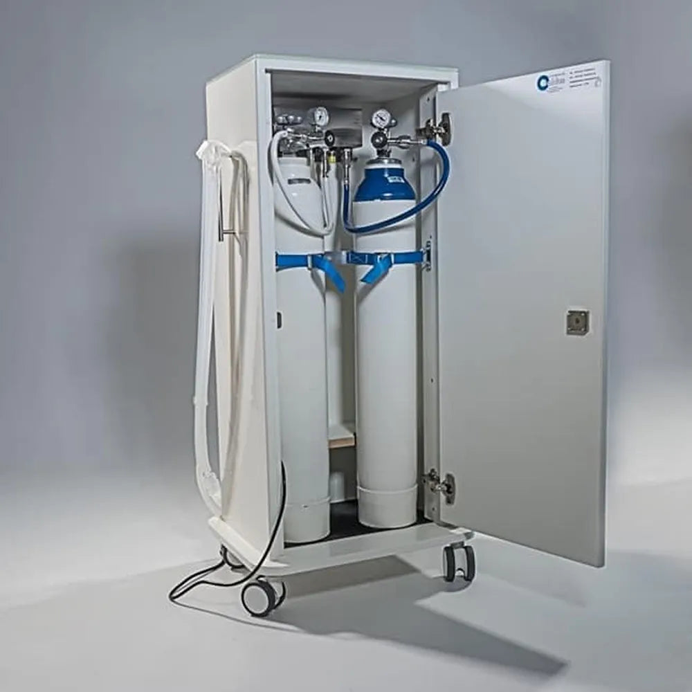 oxygen nitrous oxide mixer unit for dental clinics in a white mobile cabinet with twin gas cylinders and hoses