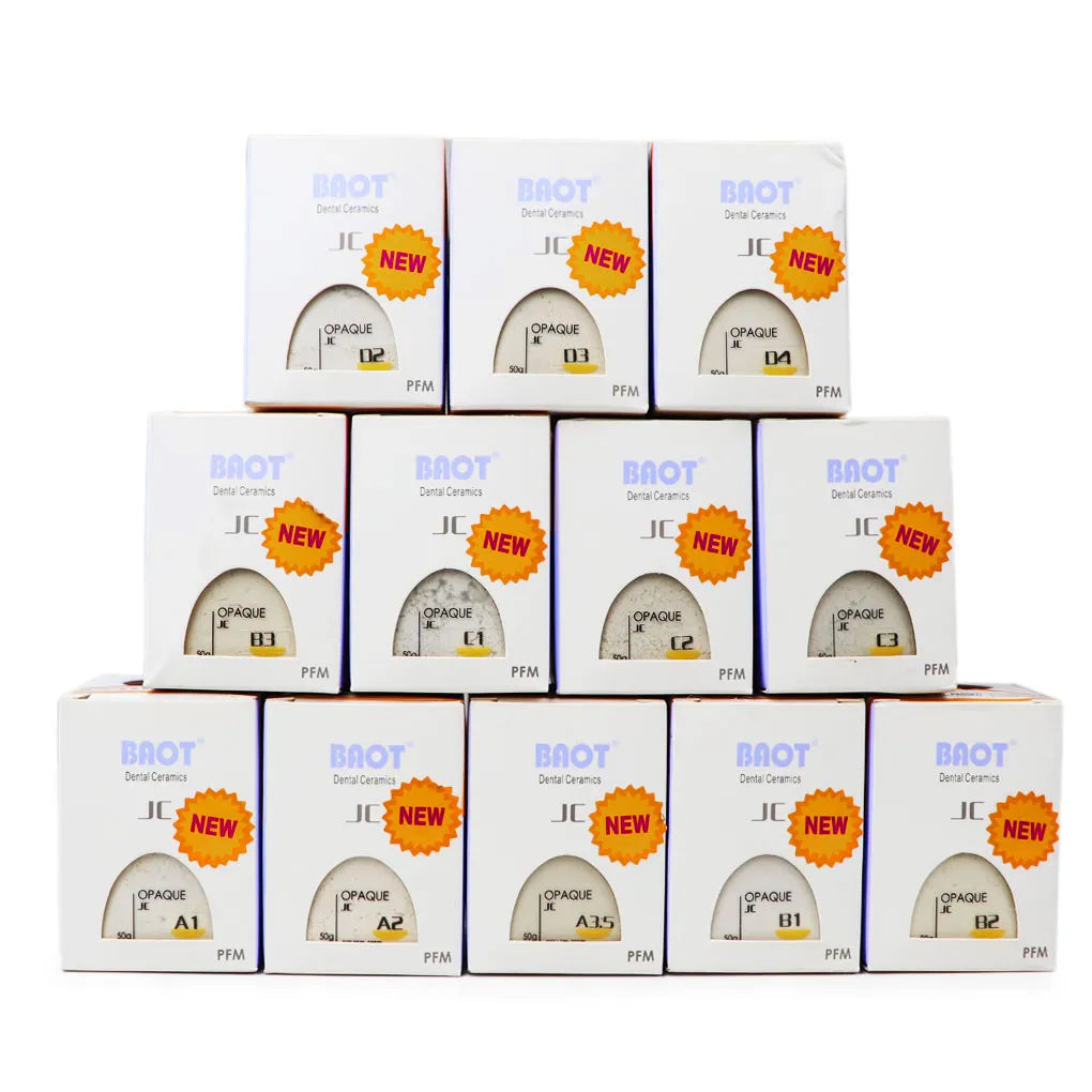 Baot JC Opaque Powder for metal ceramic displayed in neatly stacked boxes for dental use