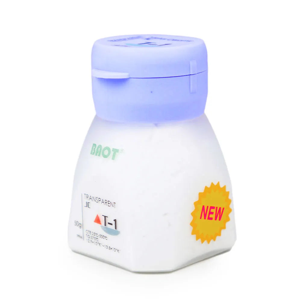 Baot JC transparent metal ceramic powder container for dental applications, 30g size with a blue cap