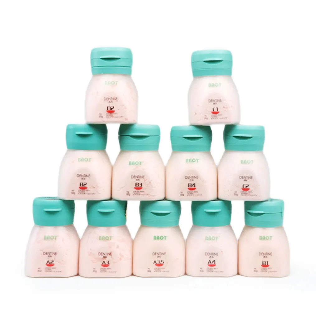 Baot ZCG dentine powder bottles arranged in a pyramid for dental restoration use