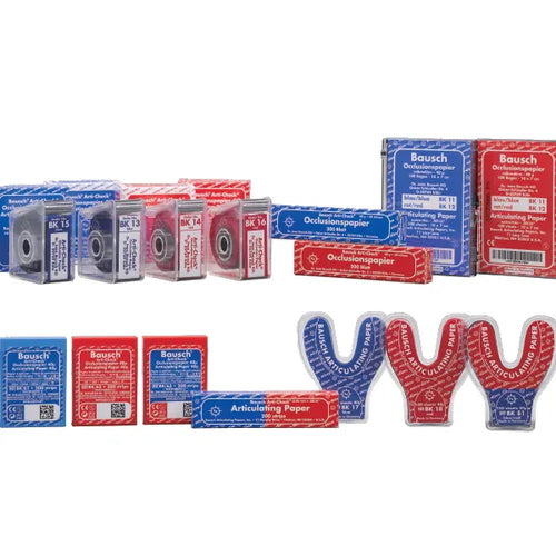 Bausch Arti-Check Dental Articulating Papers Micro Thin 40µ Microns in red and blue packaging for precise dental occlusion