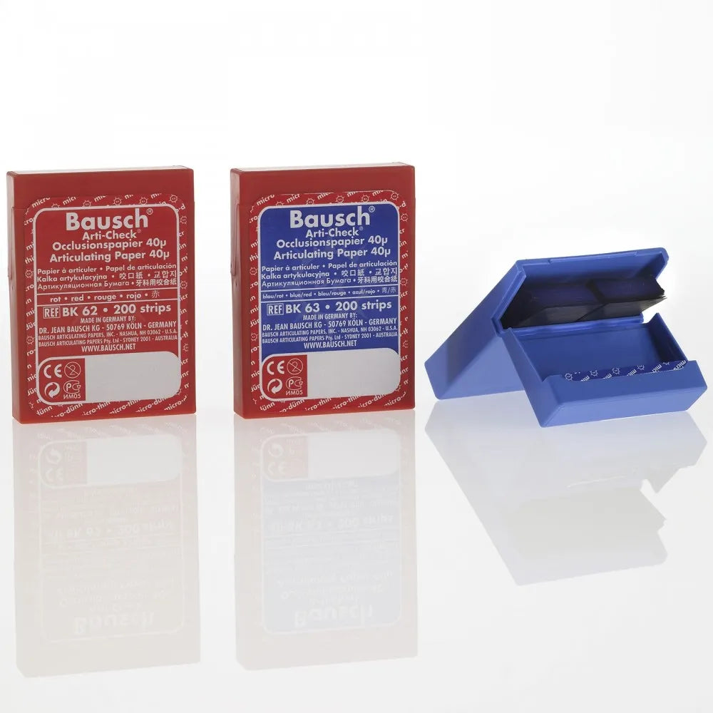 Bausch Arti-Check Dental Articulating Papers Micro Thin 40µ Microns in red and blue boxes with blue storage case