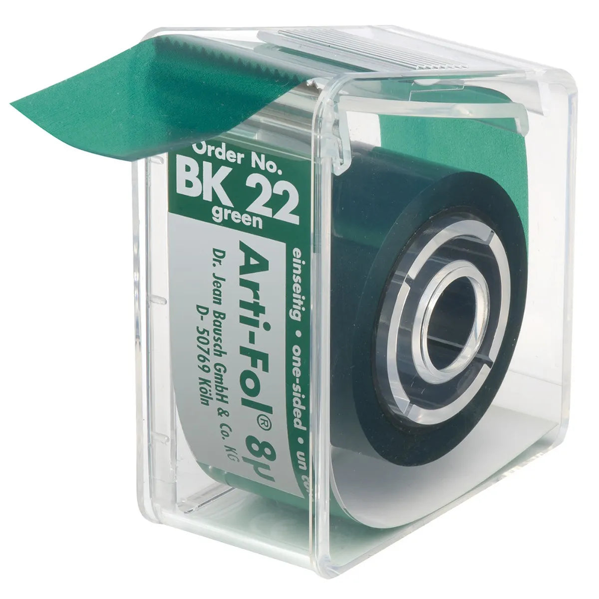 Beetle Dental Bausch Arti-Fol Dental Articulating Flim Ultra Thin - 8µ Microns Width 22 mm - 22 Mts.. green roll in clear dispenser