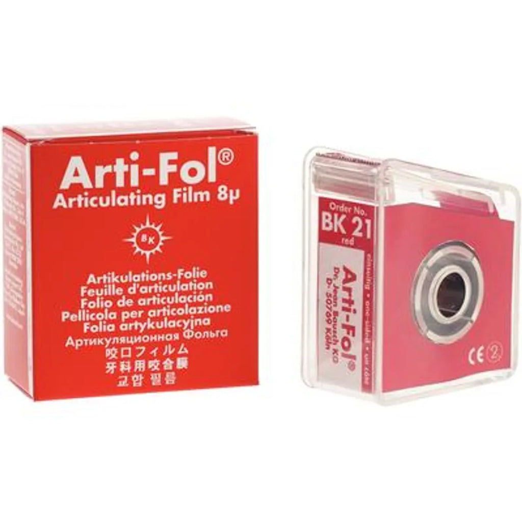 Bausch Arti-Fol Dental Articulating Flim Ultra Thin - 8µ Microns Width 22 mm - 22 Mts.. red box and dispenser for occlusion checks