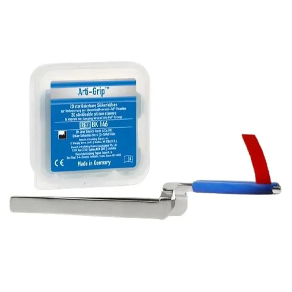 Bausch Arti Grip Silicone Sleeves - BK 146 kit box with blue silicone sleeve on dental articulator handle
