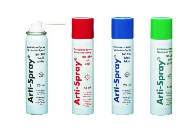 Bausch Arti Occlusion Spray 75 ml. Four aerosol cans with white red blue and green caps dental occlusion spray