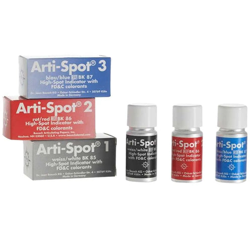 Bausch - Arti Spot 15ml three bottles with matching black red blue boxes dental high spot indicator