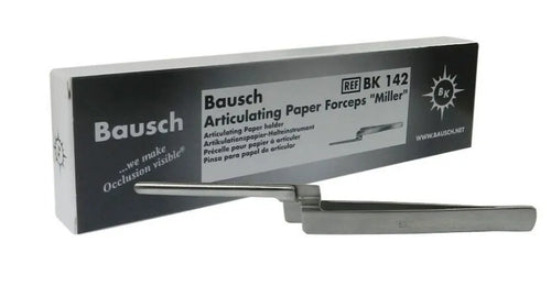 Bausch articulating paper forceps. Stainless steel instrument with packaging box shown by Beetle Dental