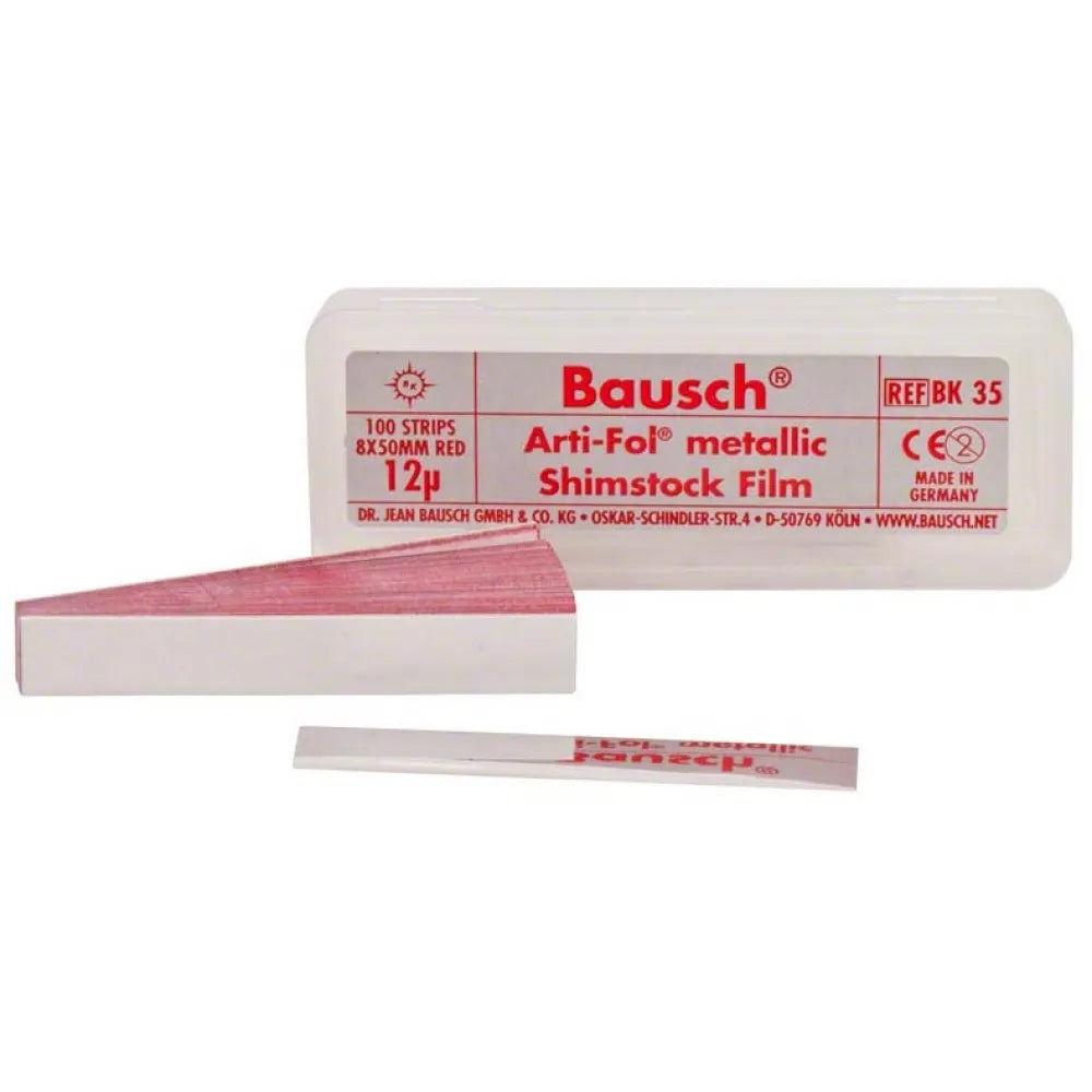 Bausch Dental Arti Fol Metallic Shimstock Flim 12µ Microns red metallic dental shimstock strips in plastic storage case