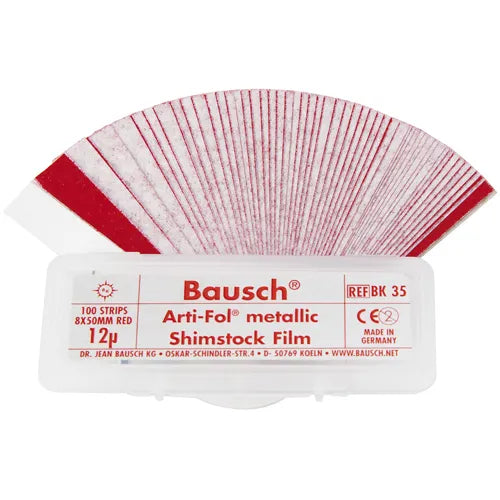 Bausch Dental Arti Fol Metallic Shimstock Flim 12µ Microns red strips fanned in clear plastic case Beetle Dental