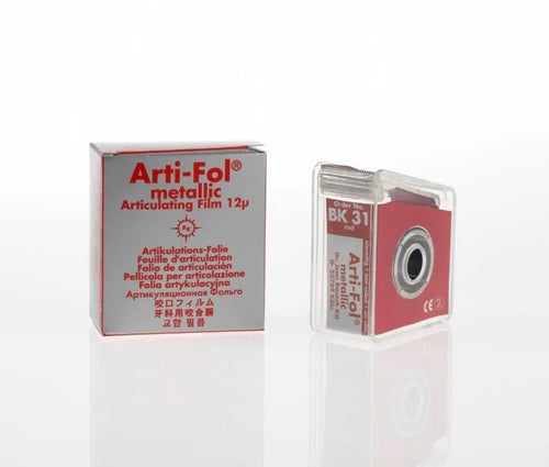 Bausch Dental Arti Fol Metallic Shimstock Flim 12µ Microns. articulating film dispenser and box for dental occlusion