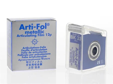 Bausch Dental Arti Fol Metallic Shimstock Flim 12µ Microns articulating film blue box and clear spool dispenser