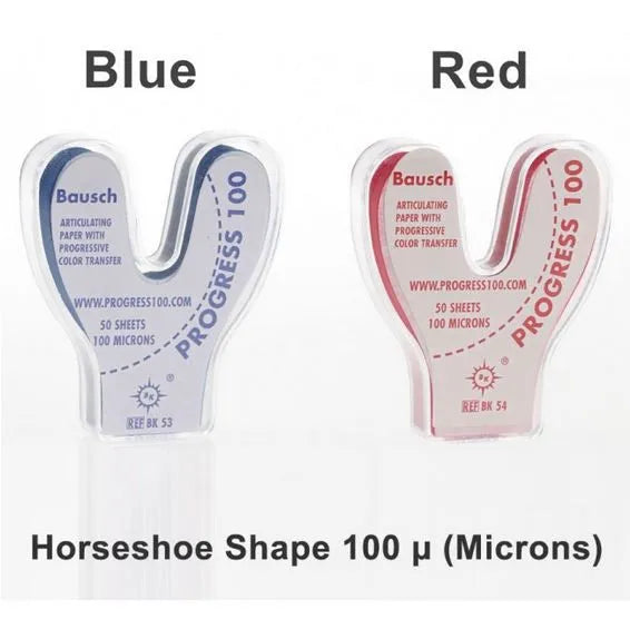 Beetle Dental Bausch Dental Articulating Paper with Progressive Colour Transfer - 100µ Microns horseshoe blue and red