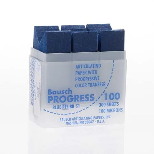 Bausch Dental Articulating Paper with Progressive Colour Transfer - 100µ Microns. Blue articulating strips in dispenser box