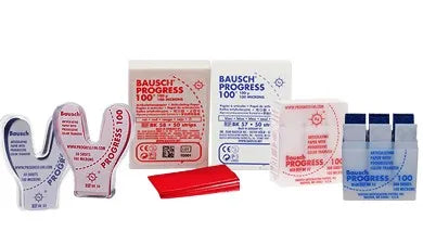 Bausch Dental Articulating Paper with Progressive Colour Transfer - 100µ Microns showing occlusion strips and red film holder