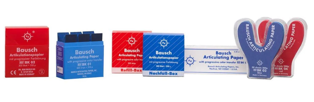 Bausch Dental Articulating Papers with Progressive Colour Transfer - 200µ Microns. Boxes and dispensers for occlusion marking