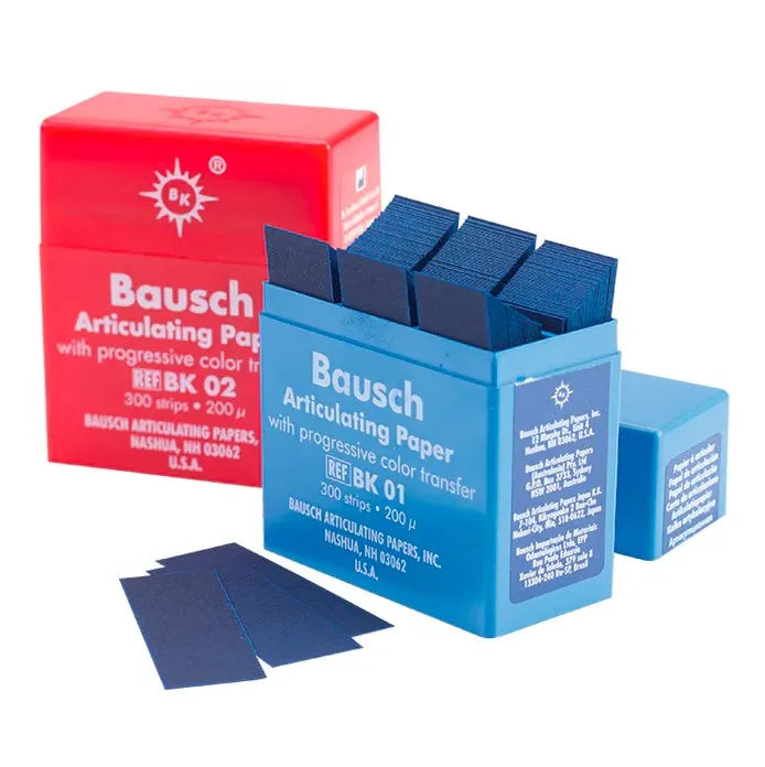Bausch Dental Articulating Papers with Progressive Colour Transfer - 200µ Microns. Blue and red boxes of strips for occlusion
