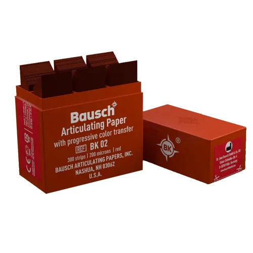 Red box of articulating paper strips Bausch Dental Articulating Papers with Progressive Colour Transfer - 200µ Microns.
