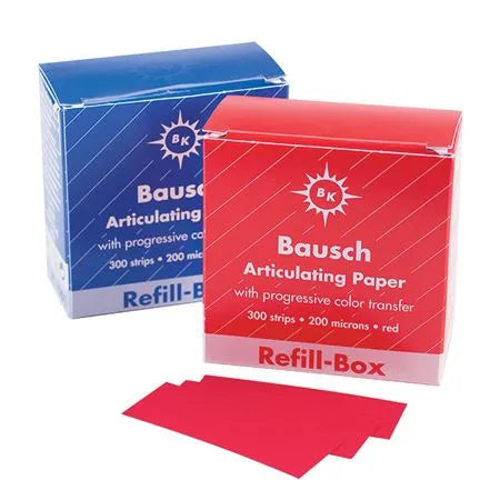 Bausch Dental Articulating Papers with Progressive Colour Transfer - 200µ Microns red and blue refill boxes with red strips