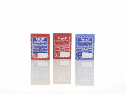 Bausch Dental Articulating Silk with Progressive Color Transfer 80µ Microns in red and blue packaging from Beetle Dental