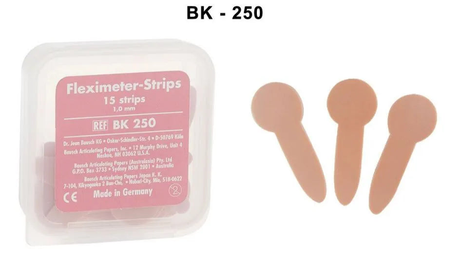 Beetle Dental Bausch Dental Fleximeter-Strips BK-250 plastic case and three beige teardrop measuring strips