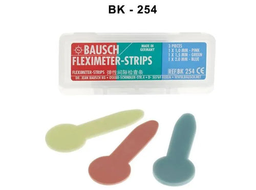 Bausch Dental Fleximeter-Strips three flexible dental measuring strips in pink green and blue with labeled plastic case