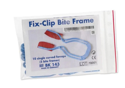Pack of Bausch Fix Clip Bite Forceps Curved - BK 143 blue curved plastic bite frames with red pads