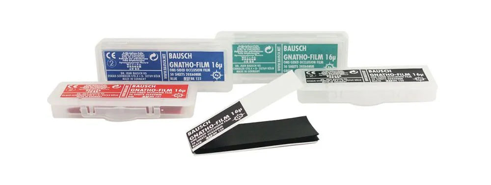 Bausch Gnatho-Film Soft Occlusal Film 16µ Microns in multiple packaging cases displayed by Beetle Dental
