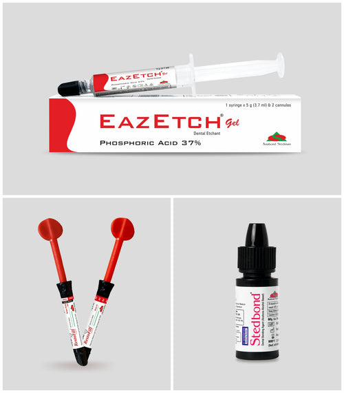 Beetle Dental Restofill Mega Kit with EazEtch Gel syringe, red applicator tips, and Stedbond adhesive bottle for dental use