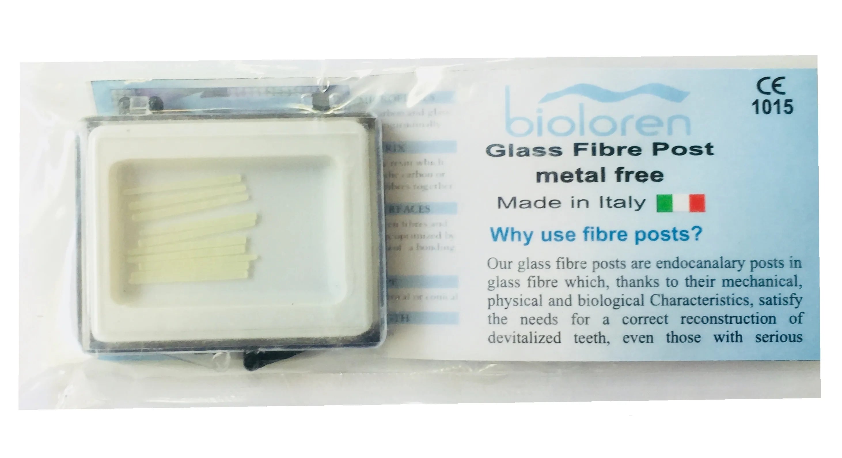 Bioloren Fiberpost dental post glass fibre metal free kit made in Italy showing several clear fiber posts