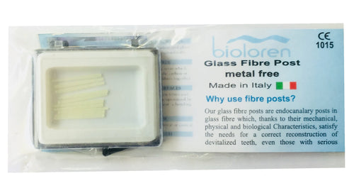 Bioloren Fiberpost dental post glass fibre metal free kit made in Italy showing several clear fiber posts