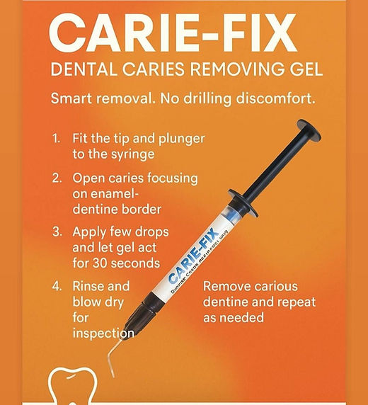 Beetle Dental Carie Fix syringe on orange background showing dental caries removal gel and usage steps