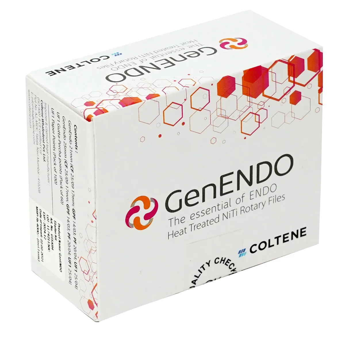 Coltene GenEndo NiTi rotary files box featuring quality assurance and heat-treated design for enhanced dental procedures