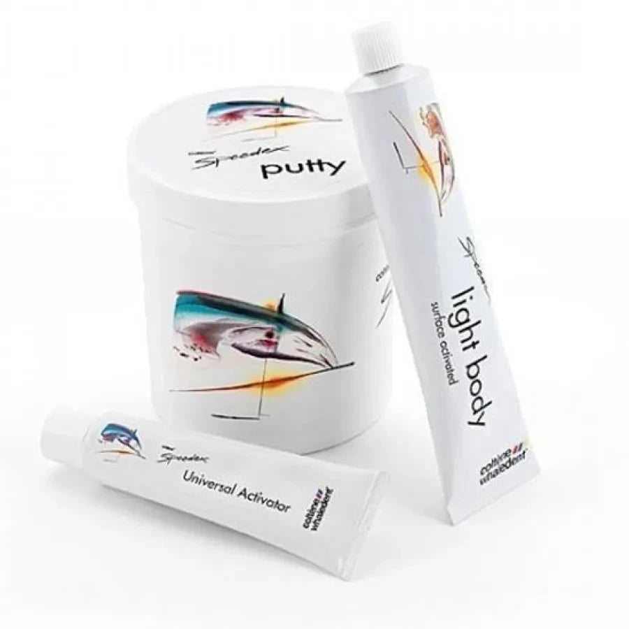 Coltene Speedex Putty Set includes putty container, light body tube, and universal activator for dental use