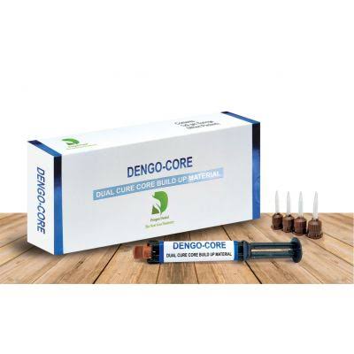 Beetle Dental Dengo Core kit with syringe and mixing tips on wood showing Dengen Dengocore core build-up material