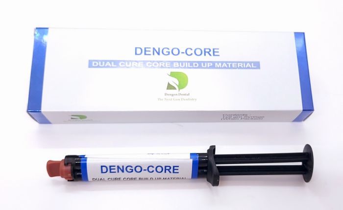 Beetle Dental syringe and box of Dengen Dengocore core build-up material. Dual cure syringe applicator