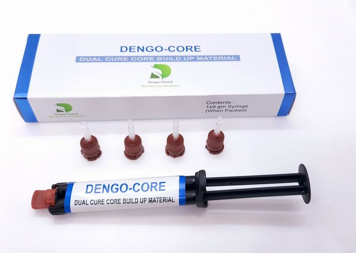 Beetle Dental Dengen Dengocore core build-up material. Syringe kit with four dispensing tips and box