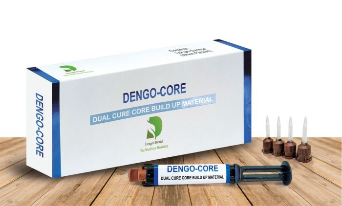 Beetle Dental Dengo Core syringe and mixing tips beside box for Dengen Dengocore core build-up material