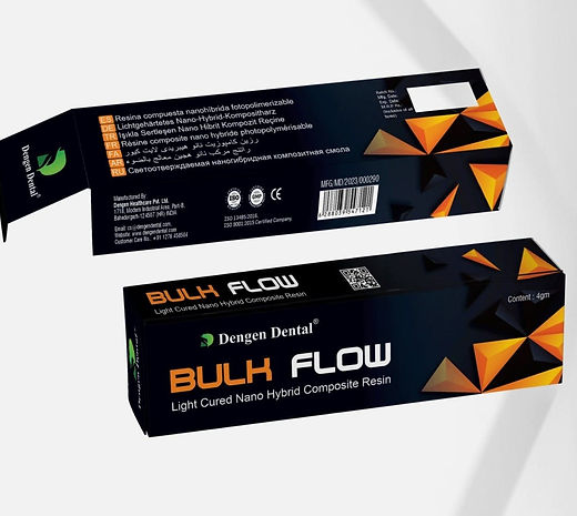 Dengen Bulk Flow dental composite black retail box with orange geometric accents light cured nano hybrid resin 4g