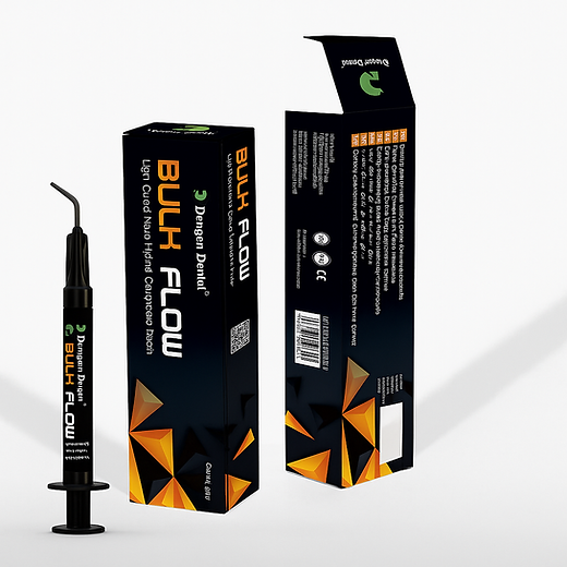 Dengen Bulk Flow dental composite syringe and two black geometric packaging boxes by Beetle Dental