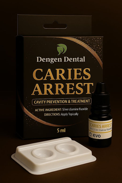 Dengen Dental Dengen Caries Arrest solution 5 ml bottle and box with applicator tray for cavity prevention