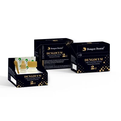 Dengen Dengocem 2LC light cured glass ionomer cement packaging showing black boxes and yellow capsule dispensers