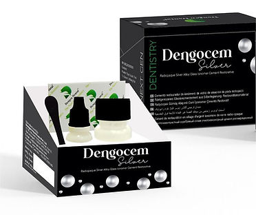 Dengen Dengocem Silver dental cement packaging box with two small mixing bottles and foil sachets
