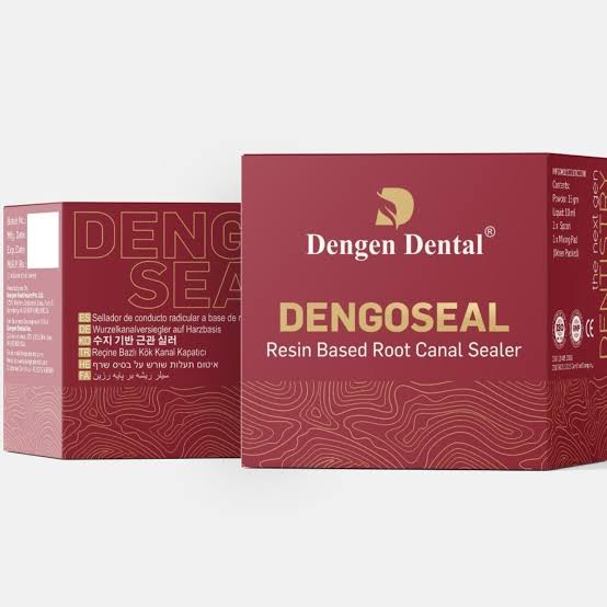 Dengen Dengoseal resin root canal sealer maroon boxed packaging showing front and side panels by Dengen Dental