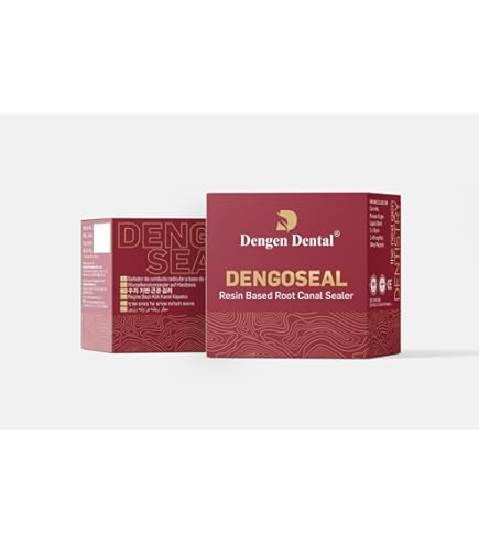 Box packaging of Dengen Dengoseal resin root canal sealer by Dengen Dental shown as two maroon product boxes