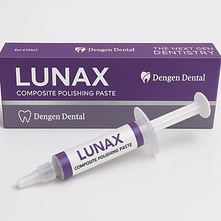 Dengen Lunax composite polishing paste syringe and purple box from Beetle Dental for dental polishing