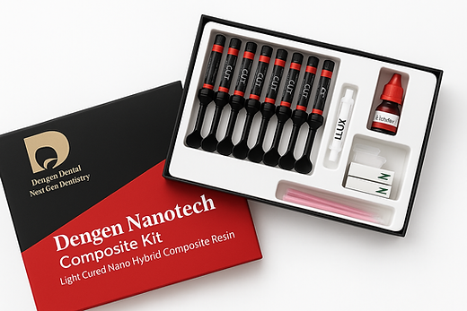 Dengen Nanotech composite syringe kit showing black red syringes in a dental composite kit with accessories