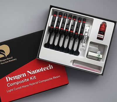 Dengen Nanotech composite syringe kit open box showing six syringes applicator bottle and accessories