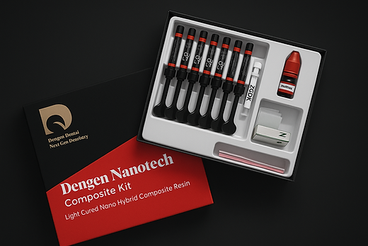 Beetle Dental Dengen Nanotech composite syringe kit with six syringes applicator tips and accessories in tray